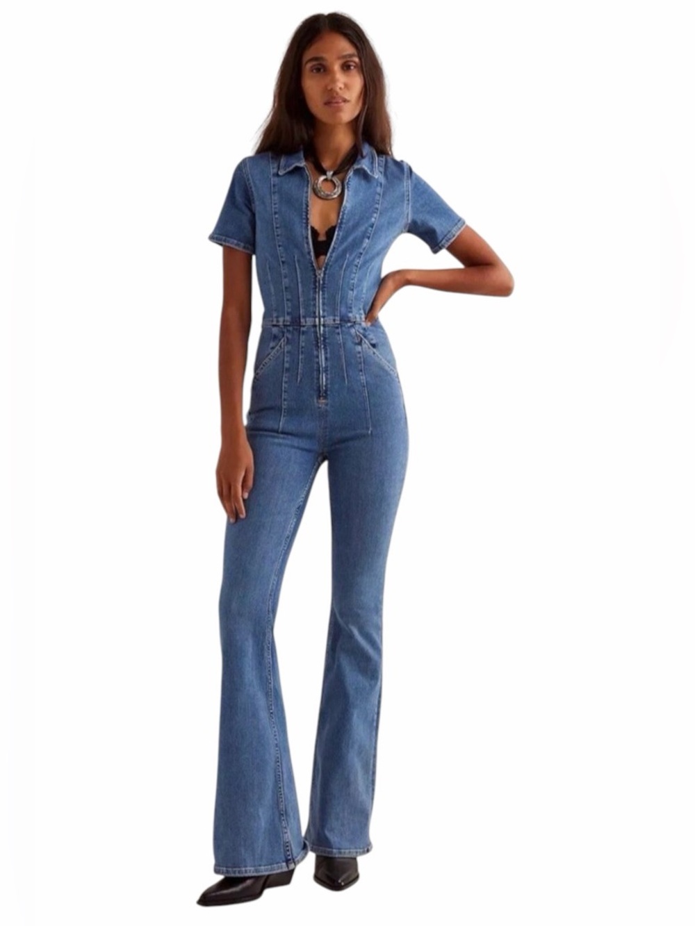 Free People Denim Jayde Flare Jumpsuit Womens S